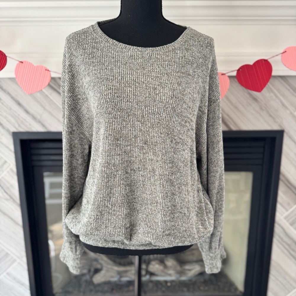 Melloday Ribbed Knit‎ Pullover Top Long Sleeve Casual Comfy Gray Size Large